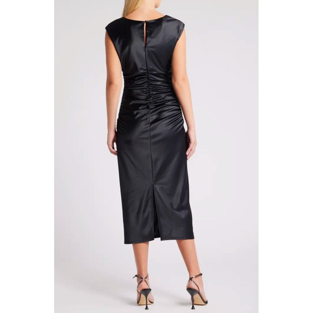 Chelsea28 Elegant Black Satin Ruched Midi‎ Dress Cocktail Party Formal Size S - Picture 2 of 5